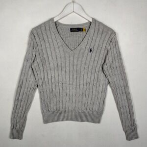 Polo Ralph Lauren Cable-Knit V-Neck Cotton Sweater Grey M 1285